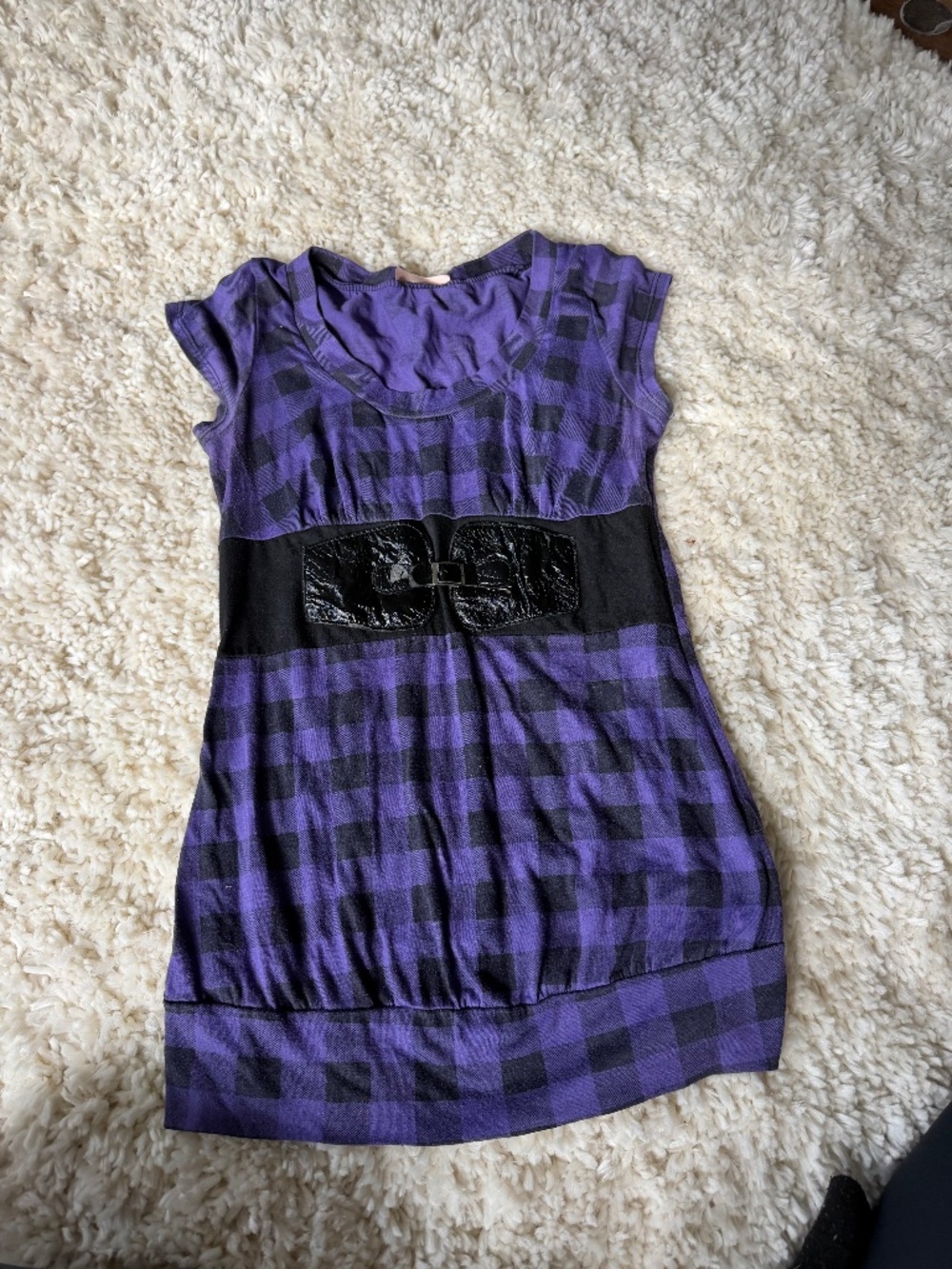 Pinkeli y2k Purple Plaid Top with Black Waist Panel & Glossy Belt Accent short s
